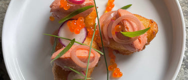 Potato Puffs with Trout Pâté, Trout Caviar, Radish and Summer Herbs