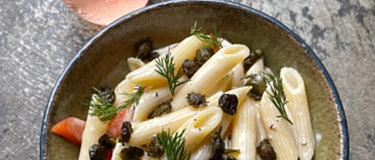 Penne With Mascarpone, Crispy Capers & Smoked Trout