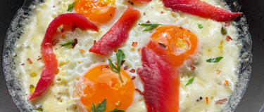 Mascarpone-Fried Eggs with Beetroot Trout