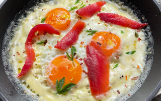 Mascarpone-Fried Eggs with Beetroot Trout