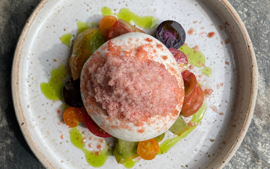 Heirloom Tomatoes With Burrata, Tomato Granita & Herb Oil