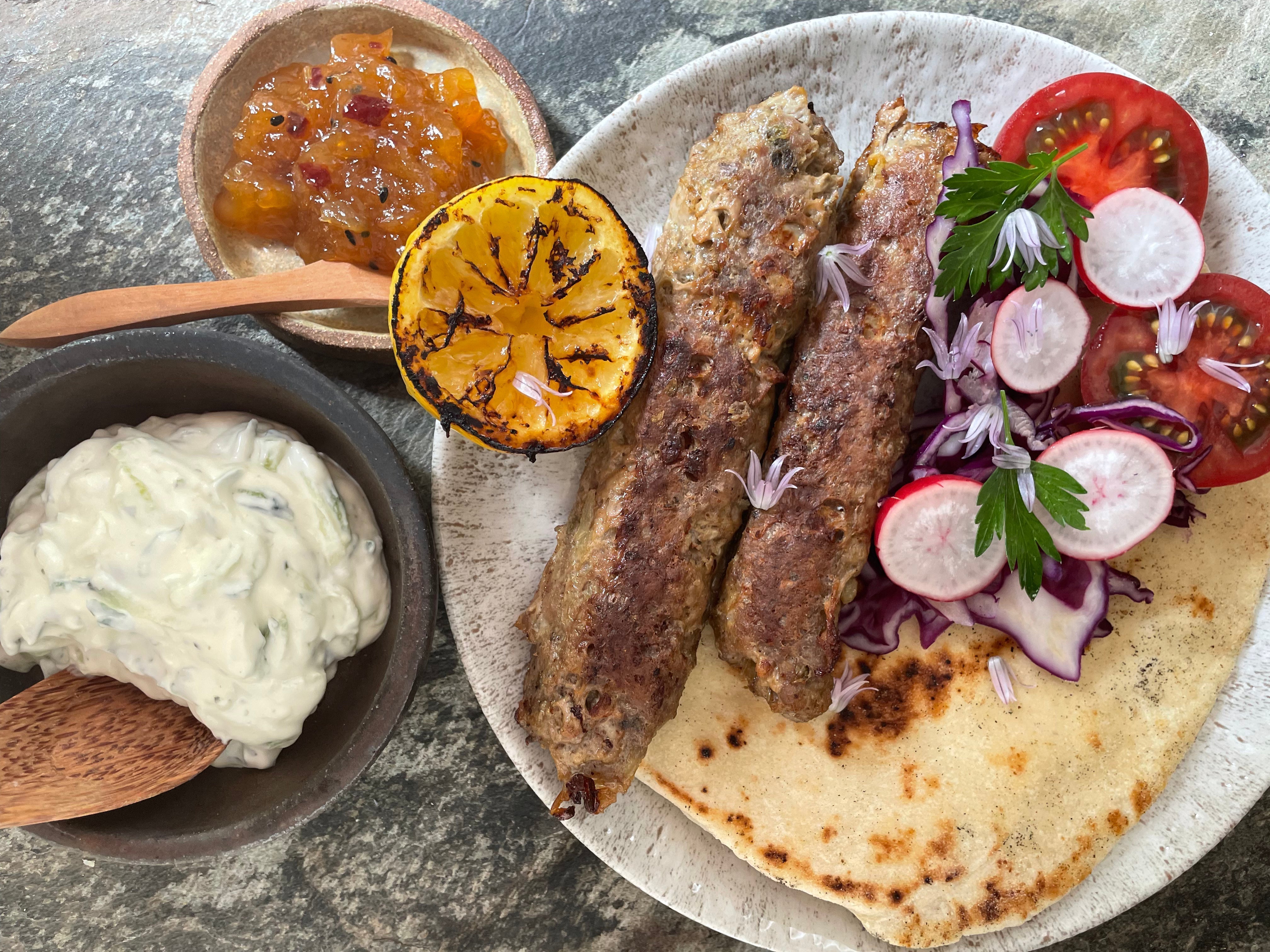 Lamb Kofta Flatbreads with Cucumber-Mint Mascarpone and Mango-Lime Chu ...