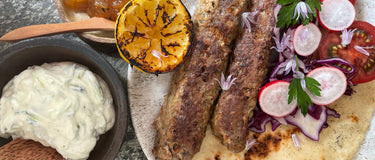 Lamb Kofta Flatbreads with Cucumber-Mint Mascarpone and Mango-Lime Chutney