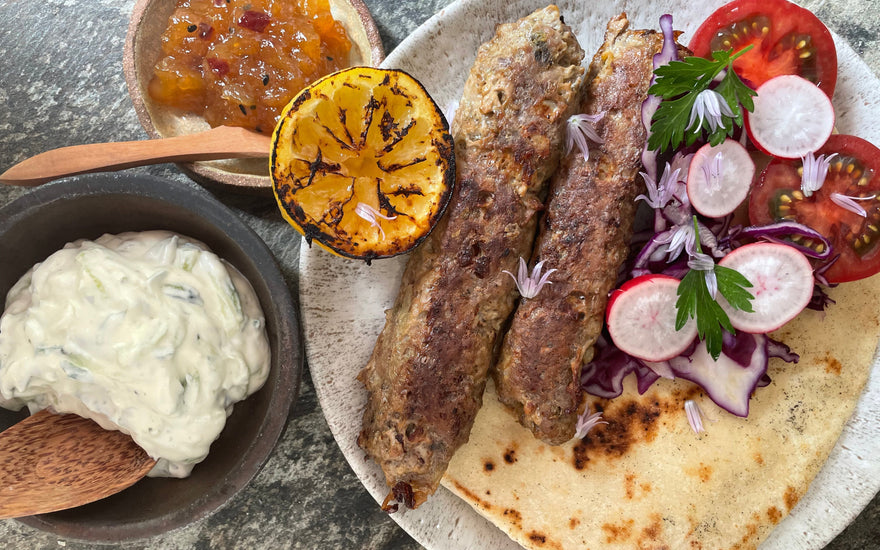 Lamb Kofta Flatbreads with Cucumber-Mint Mascarpone and Mango-Lime Chutney
