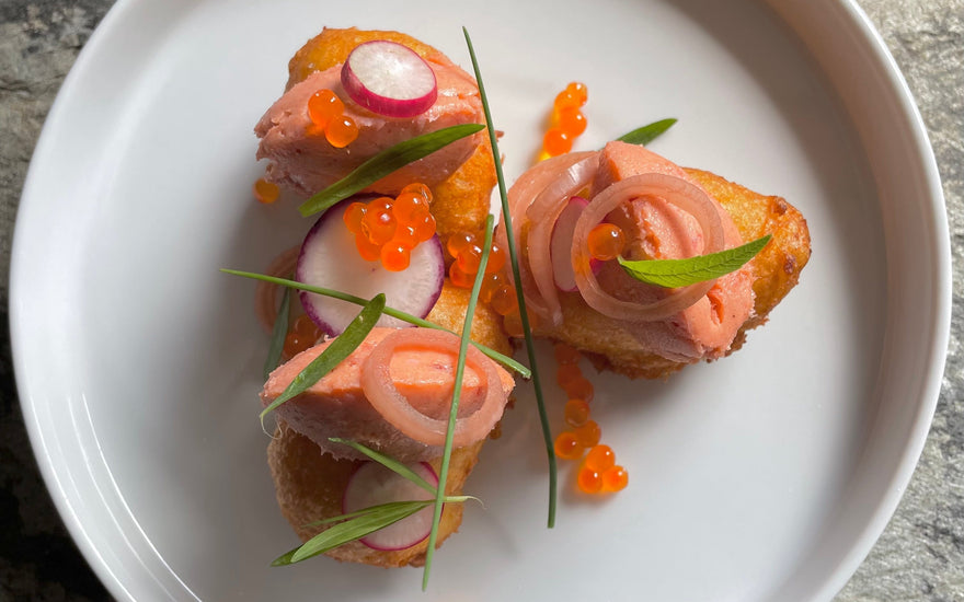 Potato Puffs with Trout Pâté, Trout Caviar, Radish and Summer Herbs
